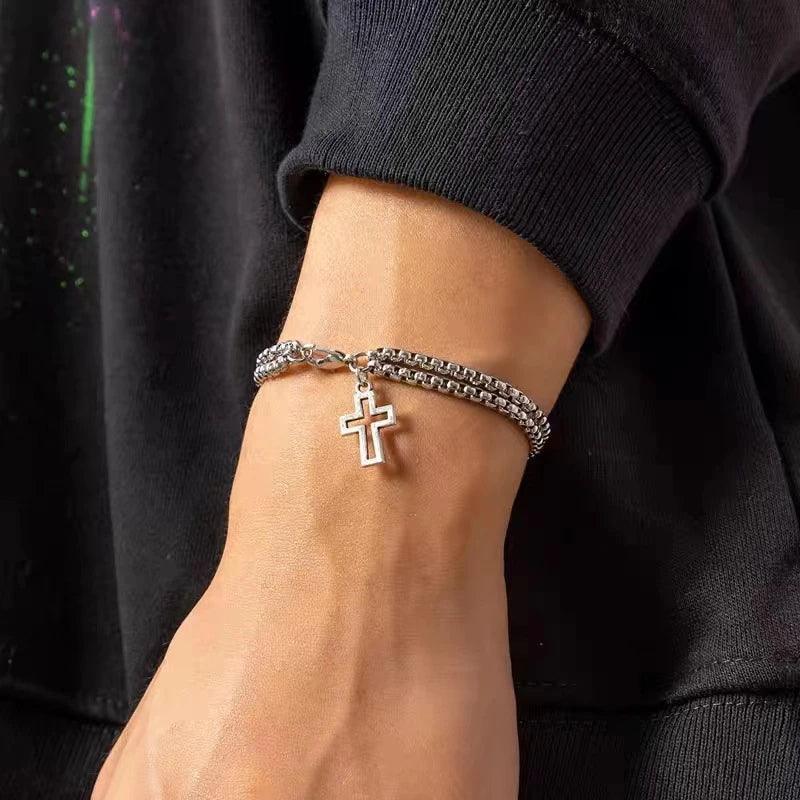 Bracelet avec croix en argent homme - Cadeaux pour couple - PourLesCouples