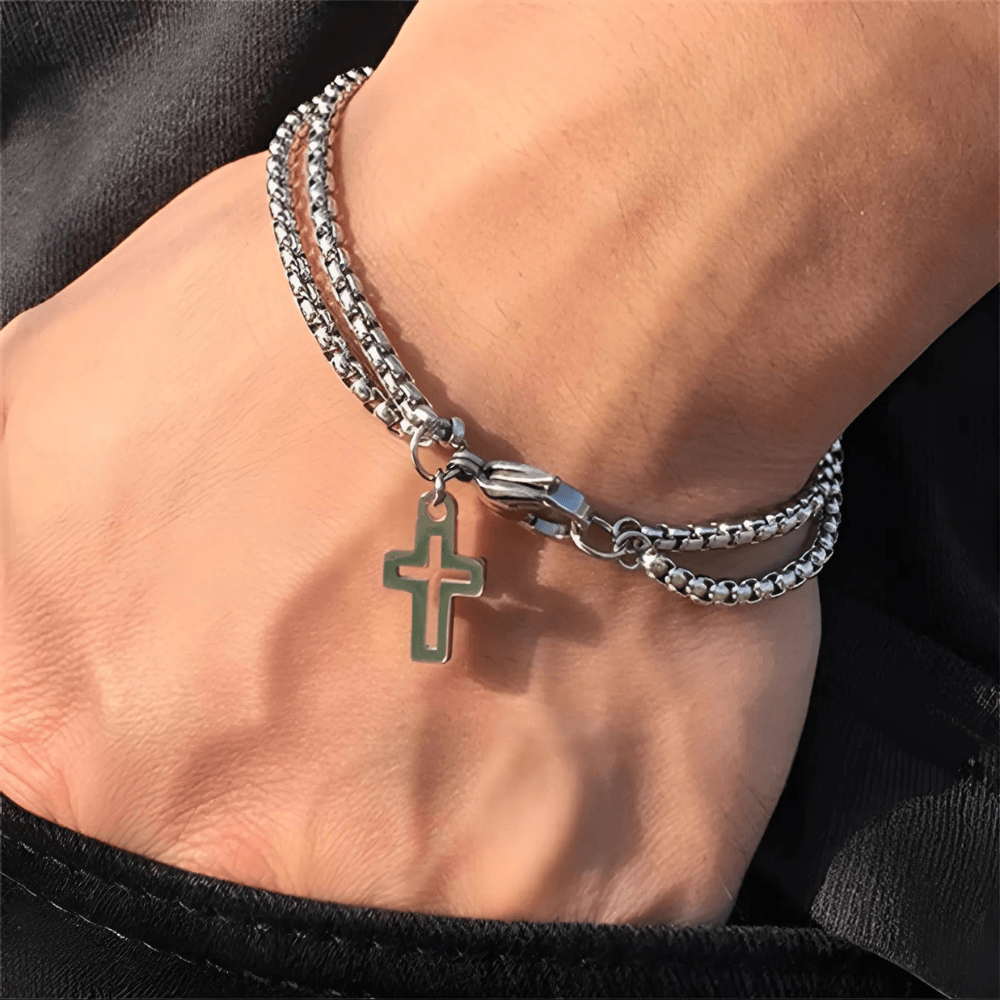 Bracelet avec croix en argent homme - Cadeau pour couple